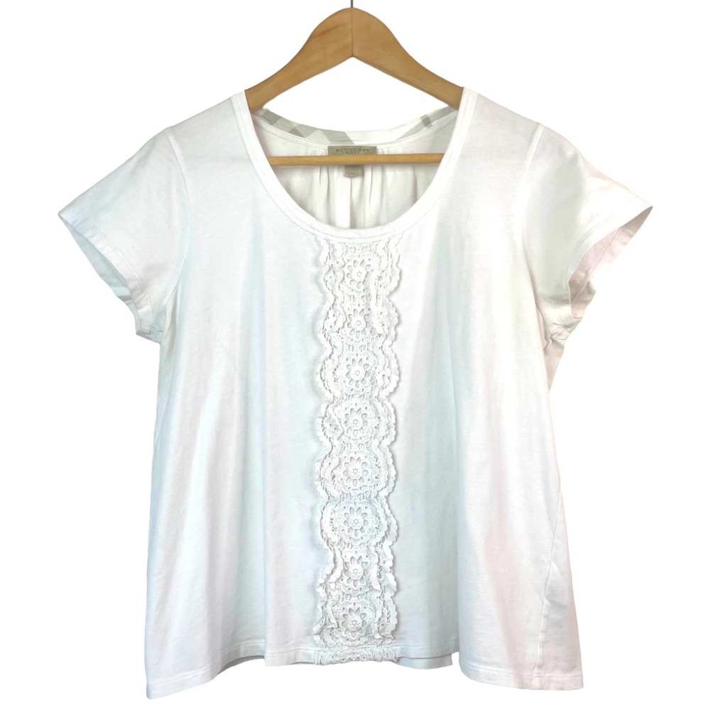 Burberry Brit Women’s White Tan Check Cotton Crochet Short Sleeve Shirt Size Med